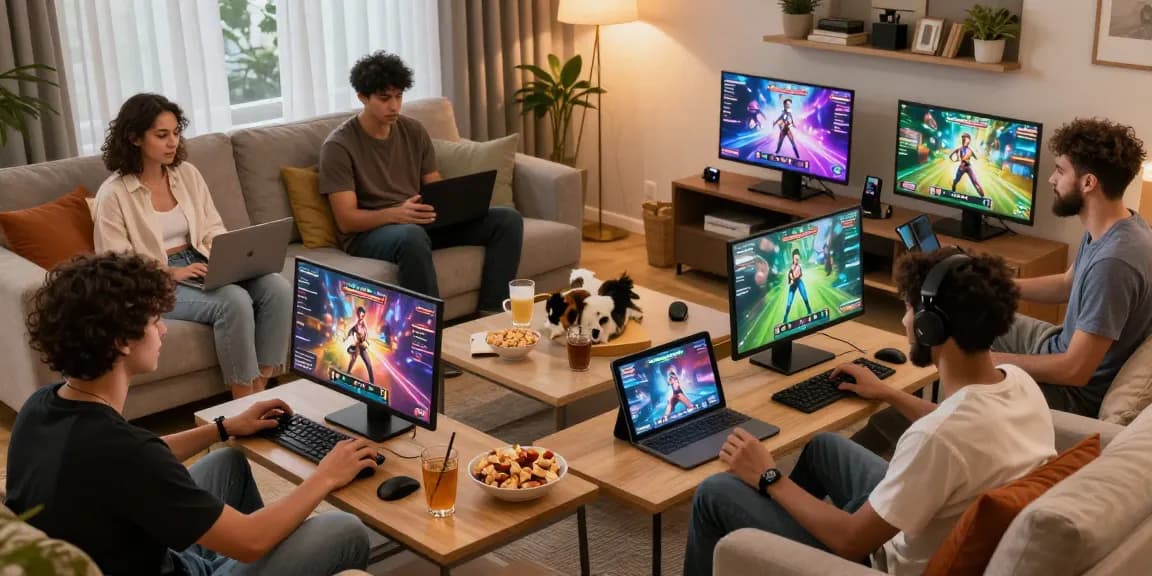 Engaged group playing exciting porn games in a vibrant living room setting.