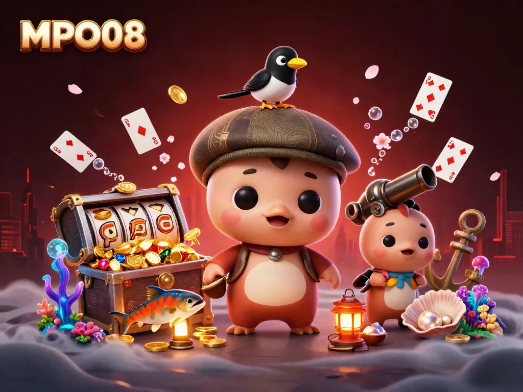 MPO08 showcases a vibrant casino-themed scene with 3D characters and slot reels, drawing players into the excitement.