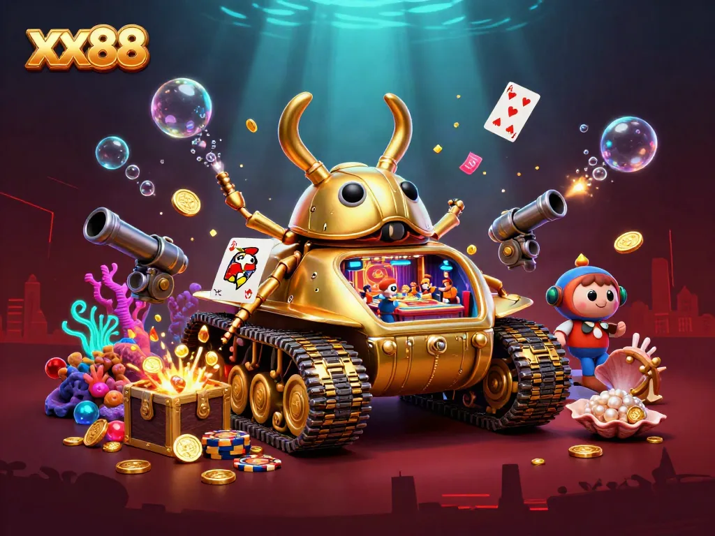 Feel the thrill with xx88 as a golden beetle tank reveals a miniature casino in a vibrant underwater scene.