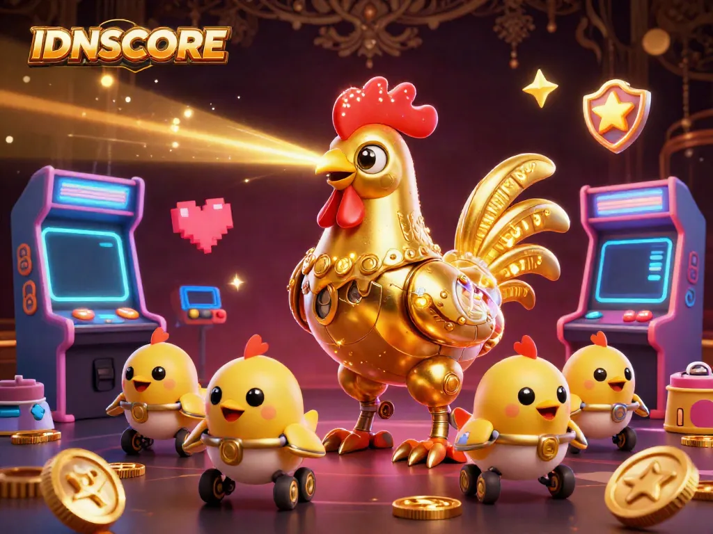 IDNSCORE showcases a vibrant gaming scene with a golden rooster robot and baby chick drones, enhancing player engagement.