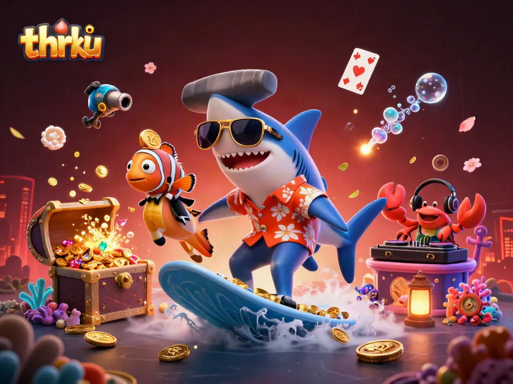 Surf on waves of gold coins with thr ku featuring cartoon characters in a vibrant casino underwater scene