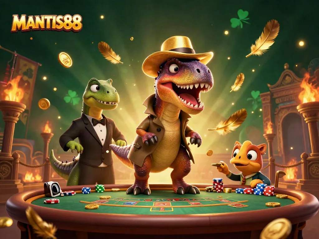 MANTIS88 enhances gaming excitement with a velociraptor card counter at a dynamic blackjack table.