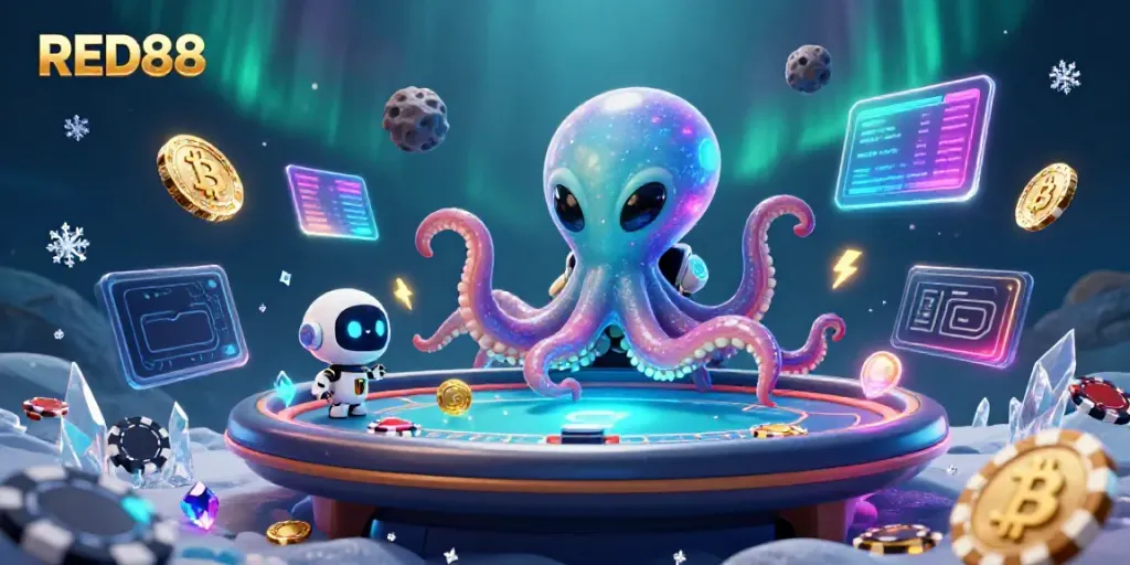 Experience thrilling poker action with RED88 as a cartoon alien octopus and robot immerse in cosmic gameplay.