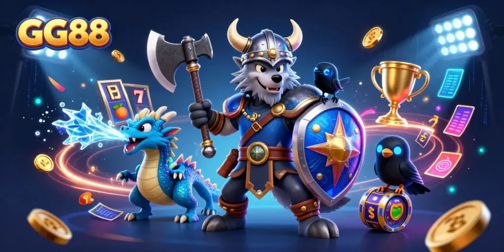GG88 slots action scene featuring a Viking wolf warrior, fierce dragon, and animated casino elements.