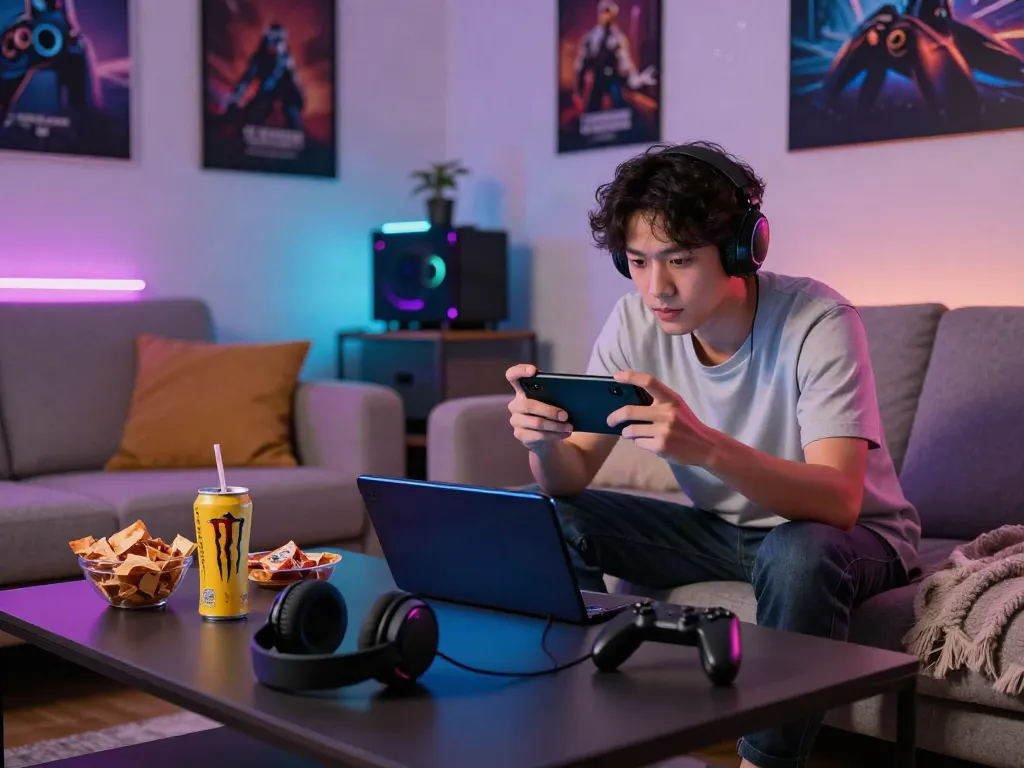 Gamer engrossed in playing a Mod apk on a smartphone in a cozy living room.