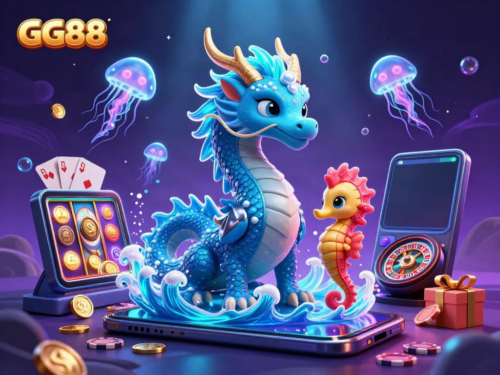 Experience the thrill of playing with GG88, featuring dynamic 3D characters and vibrant casino elements.