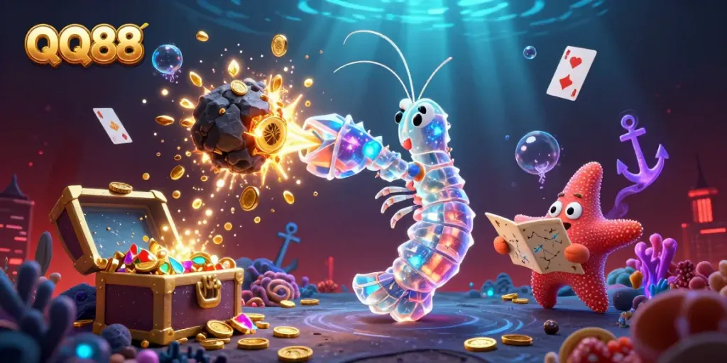 Engage in thrilling gameplay with QQ88’s vibrant casino scene showcasing galactic samurai and treasure.