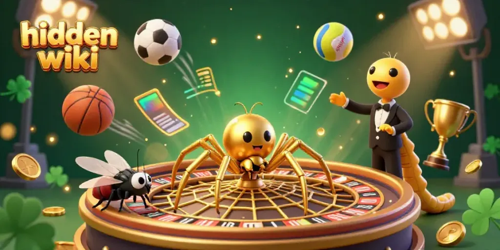 Engage with the hidden wiki's dynamic gambling scene featuring a golden spider and a betting fly.