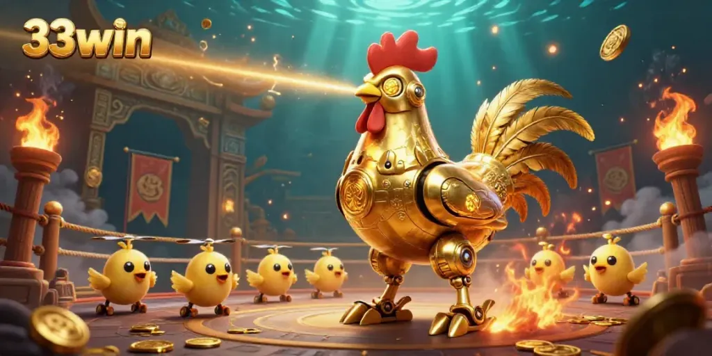 Experience the excitement of 33win with retro-futuristic characters in a vibrant casino scene.