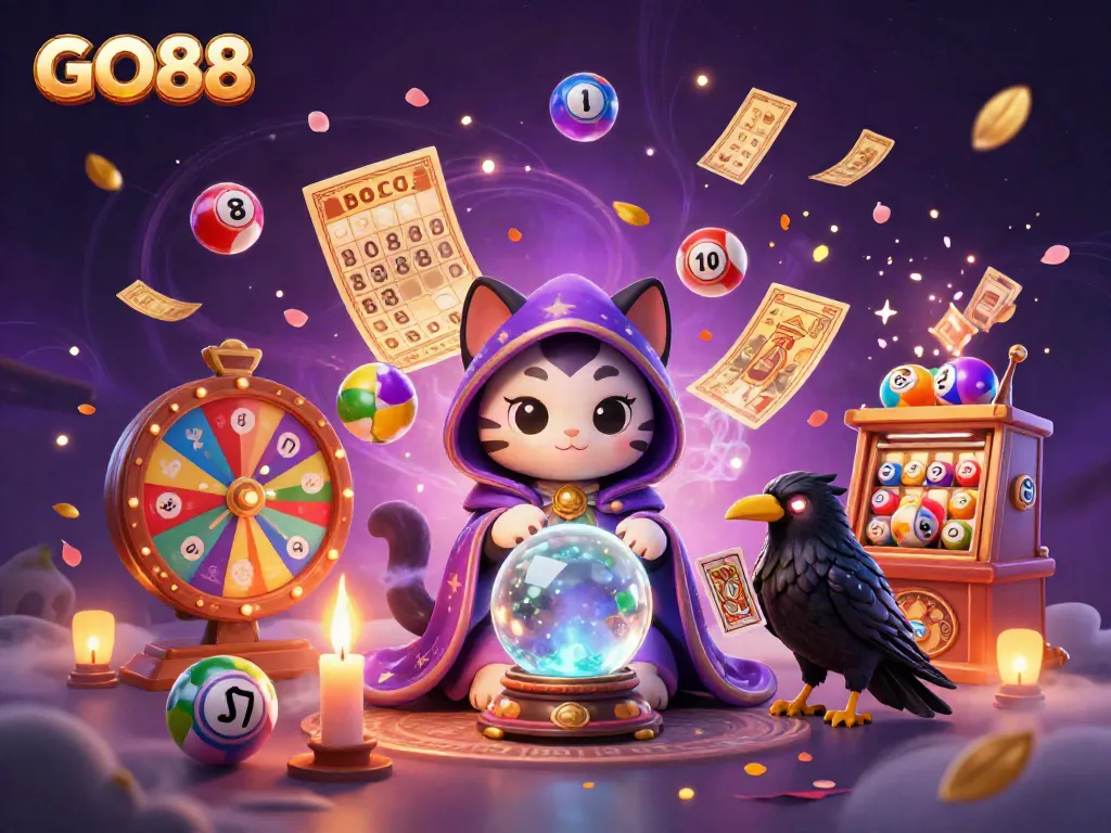 Engage in fortune-telling with GO88's vibrant online gaming adventure featuring mystical characters and lively casino elements.