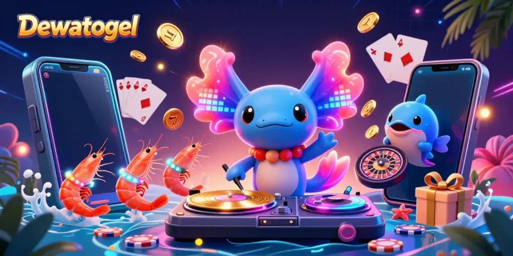 Dewatogel brings excitement with a vibrant 3D scene featuring a neon-colored axolotl DJ spinning records and colorful game elements.