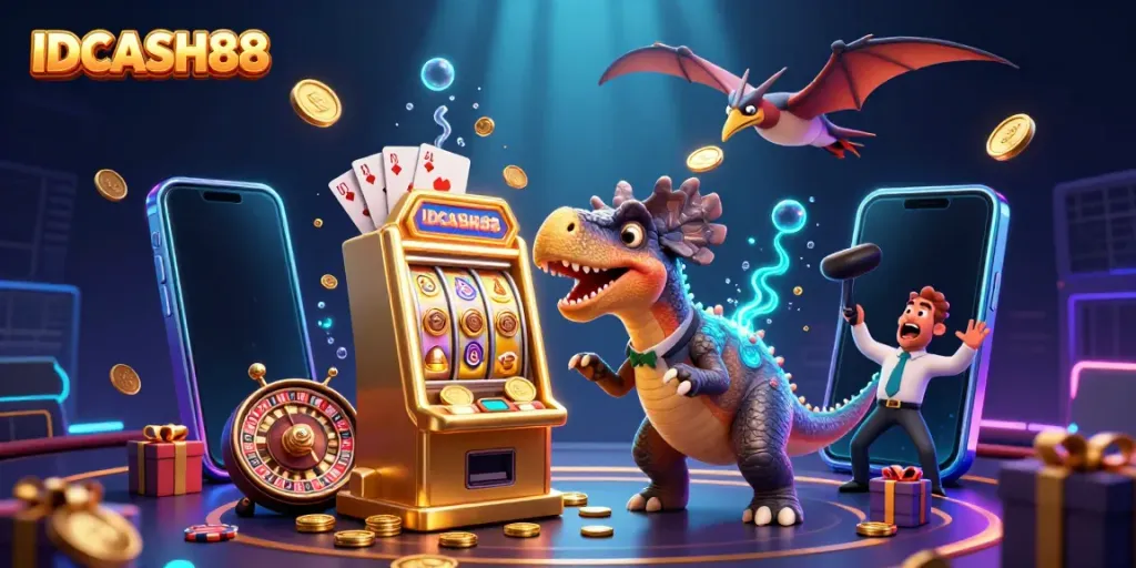 Experience the excitement of IDCASH88 with a dinosaur-themed jackpot scene, featuring animated casino characters.