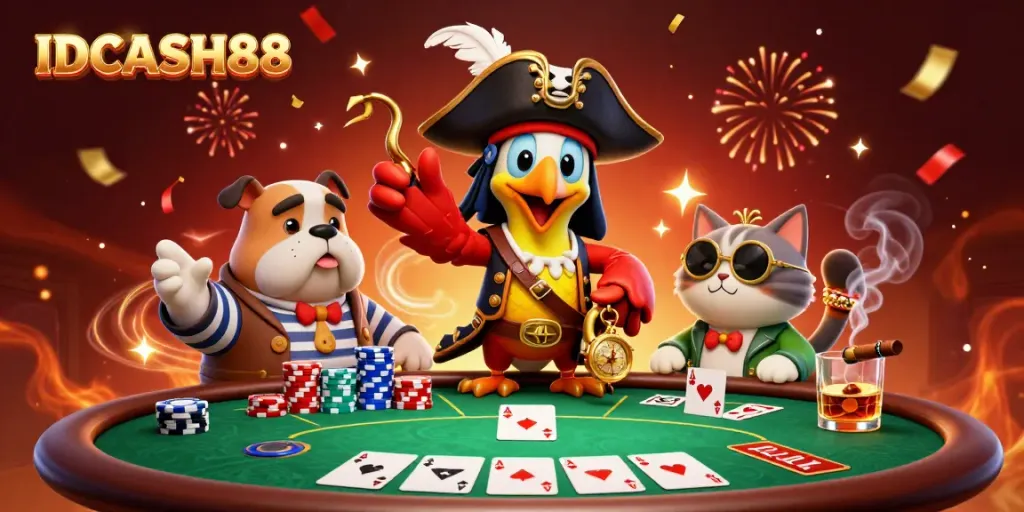 Engage in thrilling poker action with IDCASH88, featuring playful characters, poker chips, and high-stakes excitement.