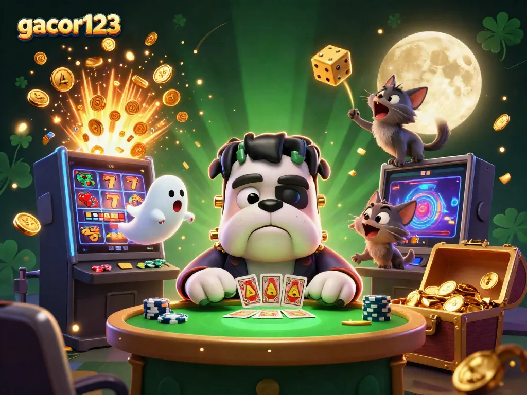 Experience thrilling games at gacor123 with vibrant characters and slot machine busting coins.