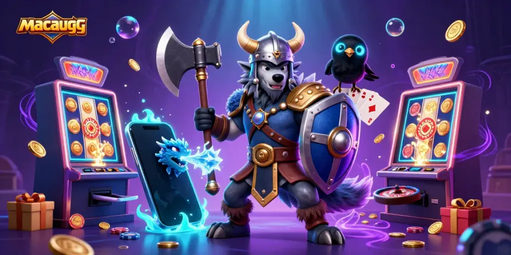 Experience the thrilling adventures with macaugg featuring a Viking wolf warrior, dragon, and slot games.