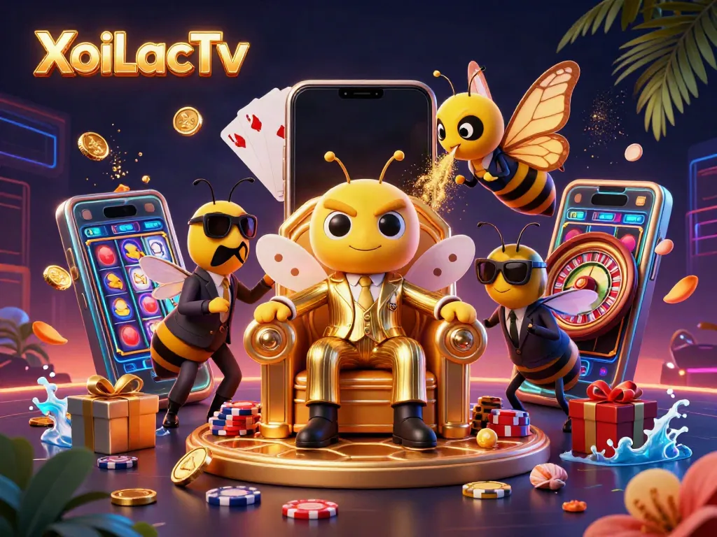 XoiLacTv presents a vibrant 3D casino scene with a bumblebee mob boss and gaming elements.