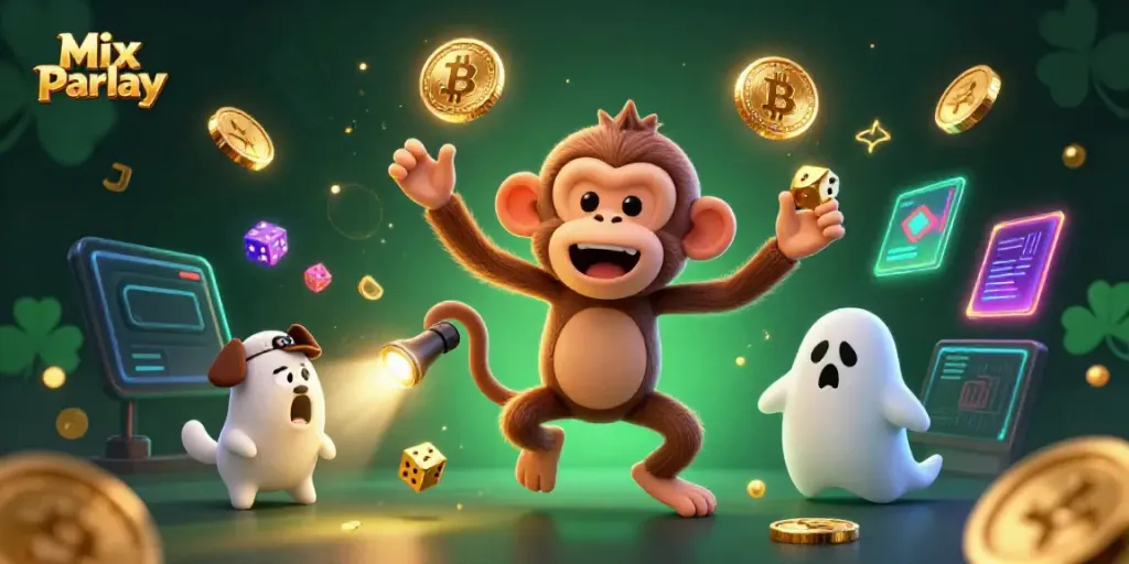Experience the thrill of Mix Parlay betting with a playful poltergeist monkey and a ghost-hunter puppy in a lively casino scene.