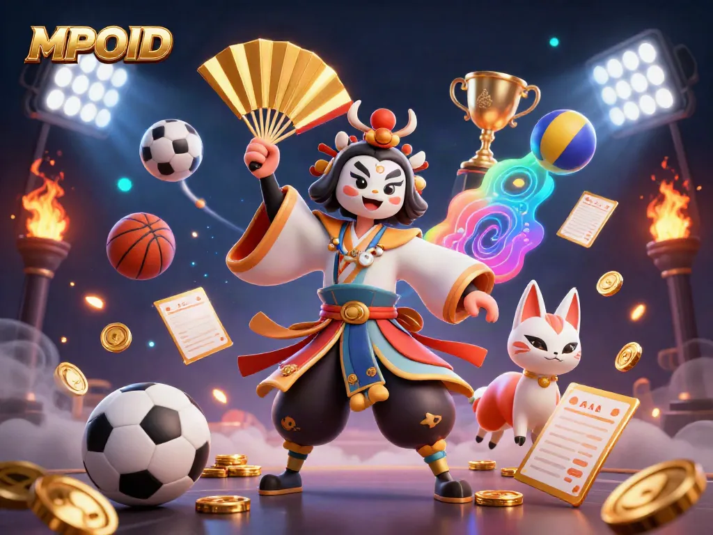 MPOID interactive gaming scene featuring a kabuki warrior crane and kitsune mask, highlighting vibrant sports elements and golden coins.