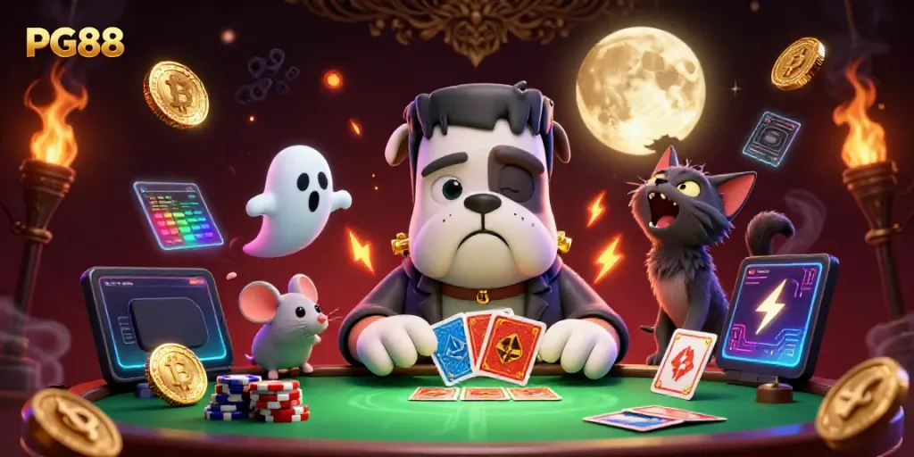 Join PG88 and play thrilling games with a 3D cartoon Frankenstein bulldog dealer in a spooky casino.