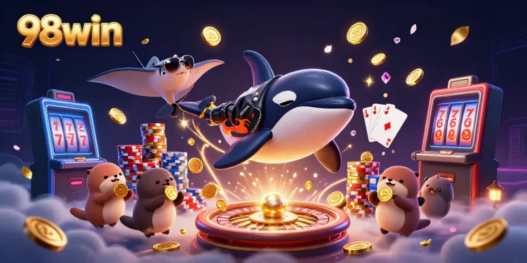 Engage with the thrilling world of 98win as cartoon sea creatures celebrate with golden coins.