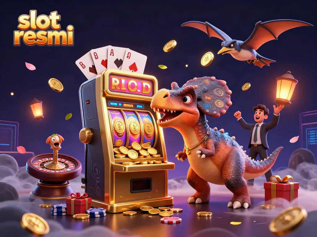 Watch a pachycephalosaurus celebrate a jackpot payout at a vibrant slot resmi casino scene.