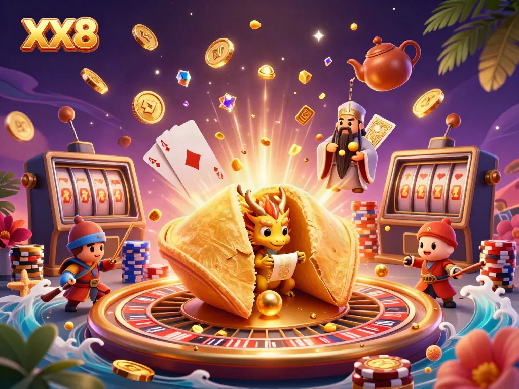 Experience the thrill of XX8 with a vibrant 3D casino scene featuring dynamic games and sparkling elements.