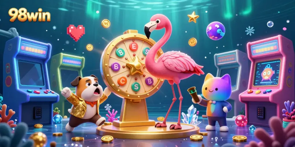 Engaging 3D scene of 98win game show host flamingo and contestant bulldog surrounded by colorful game elements