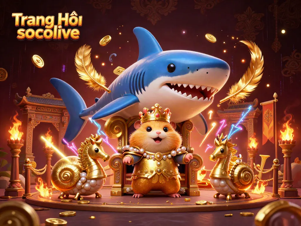 Engage with Trang Chủ socolive through an animated scene showcasing an exquisite golden hamster king presiding over a vibrant gambling arena.