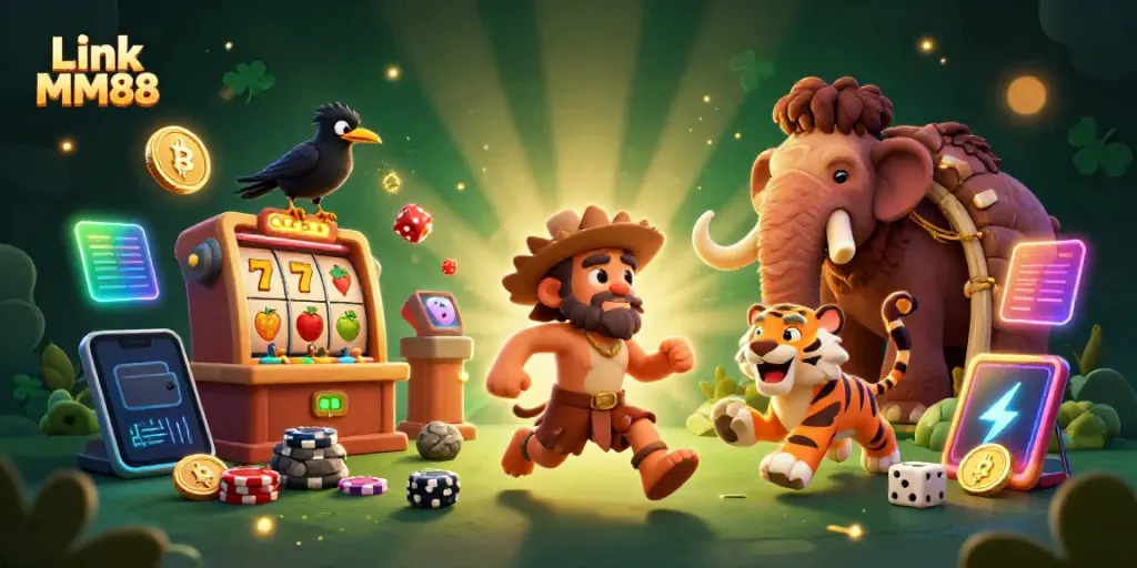 Experience casino excitement with Link MM88 featuring a lively caveman, tiger, and crow amidst vibrant gaming elements.