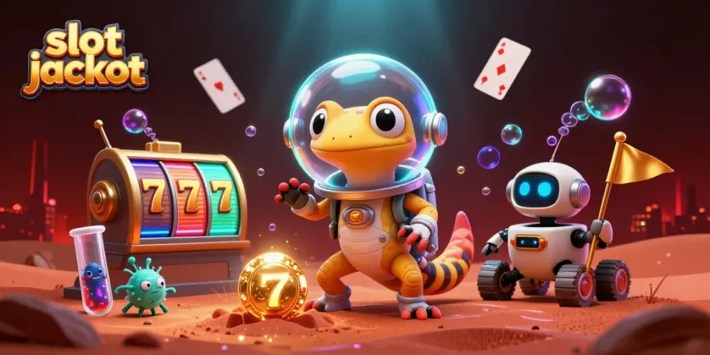 Experience the thrill of slot jackpot gaming with playful characters and vibrant casino elements.