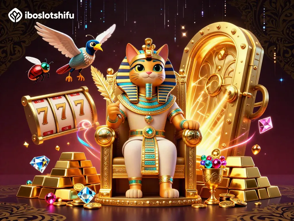 Experience thrilling moments at iboslotshifu with a vibrant 3D gambling scene showcasing slot reels and treasures.