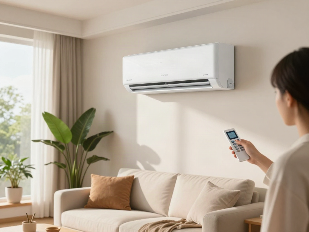 Cozy living room with a mini split of air conditioner being adjusted, showcasing modern home comfort.