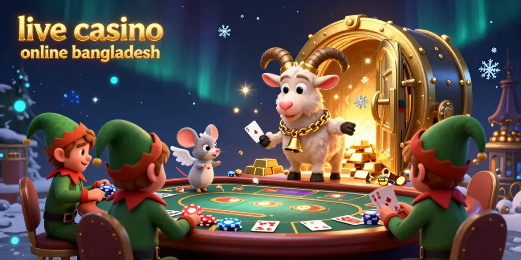 Experience live casino online Bangladesh through a whimsical illustration featuring Krampus and casino elements.