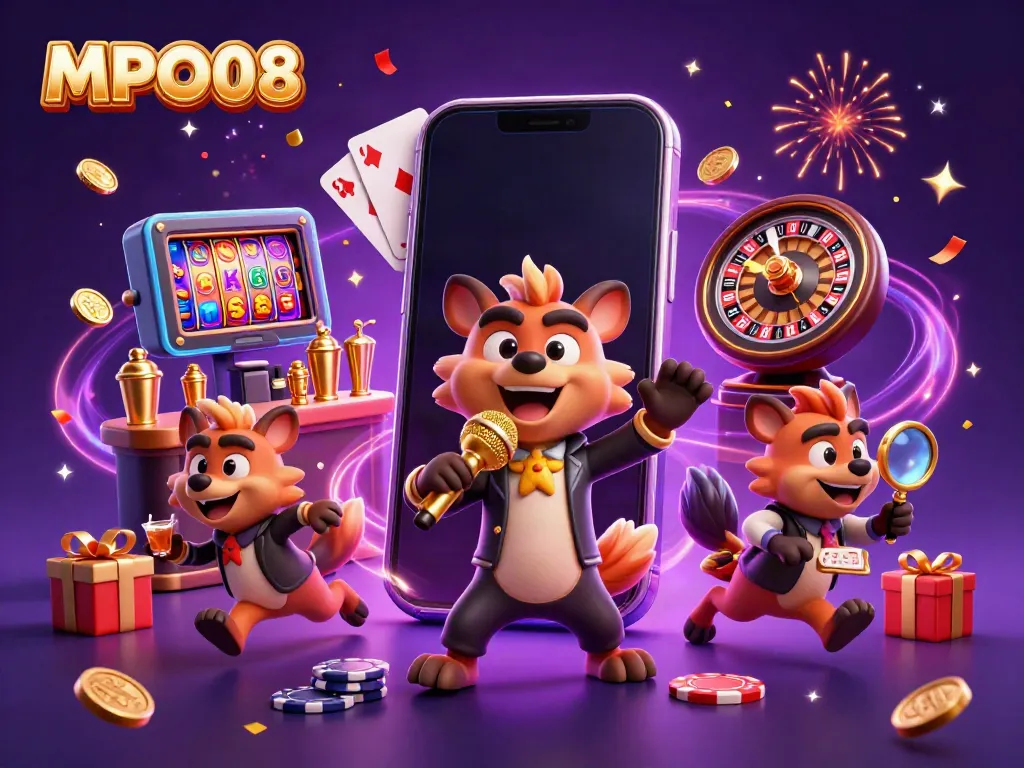 Engage in fun comedy and gaming at MPO08 with hyenas, colorful slots, and festive atmosphere.