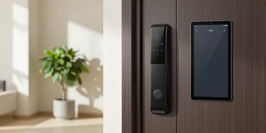 Enhanced home security with a قفل هوشمند installed on a modern door, featuring a smartphone app interface.