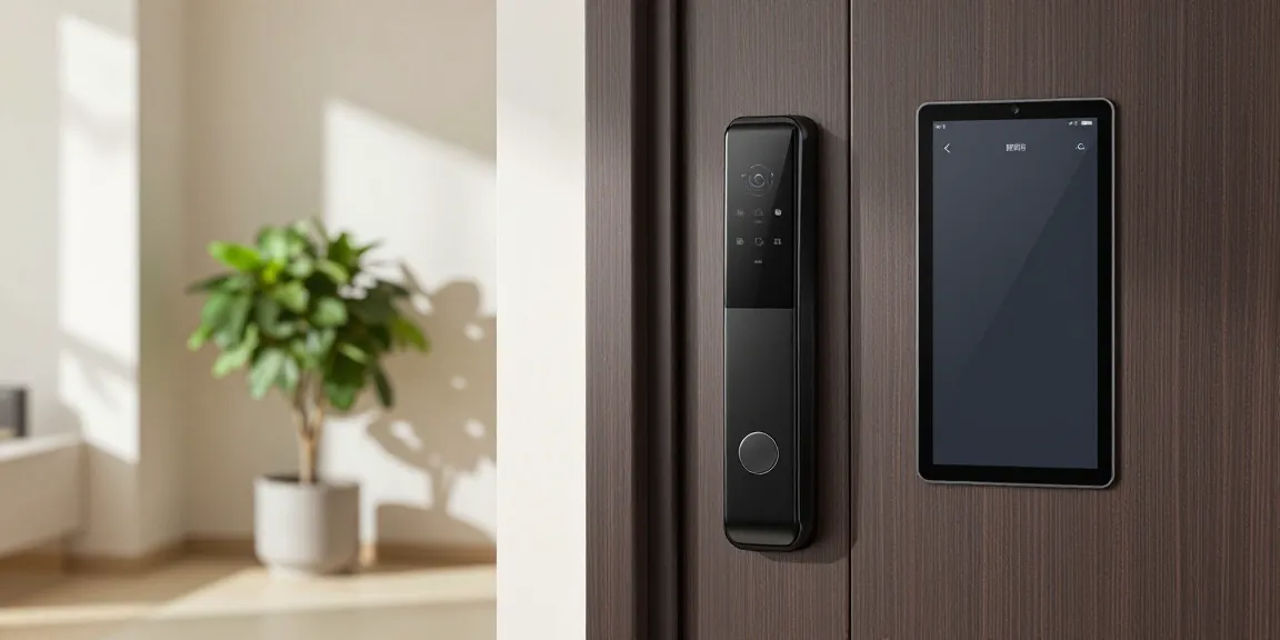 Enhanced home security with a قفل هوشمند installed on a modern door, featuring a smartphone app interface.