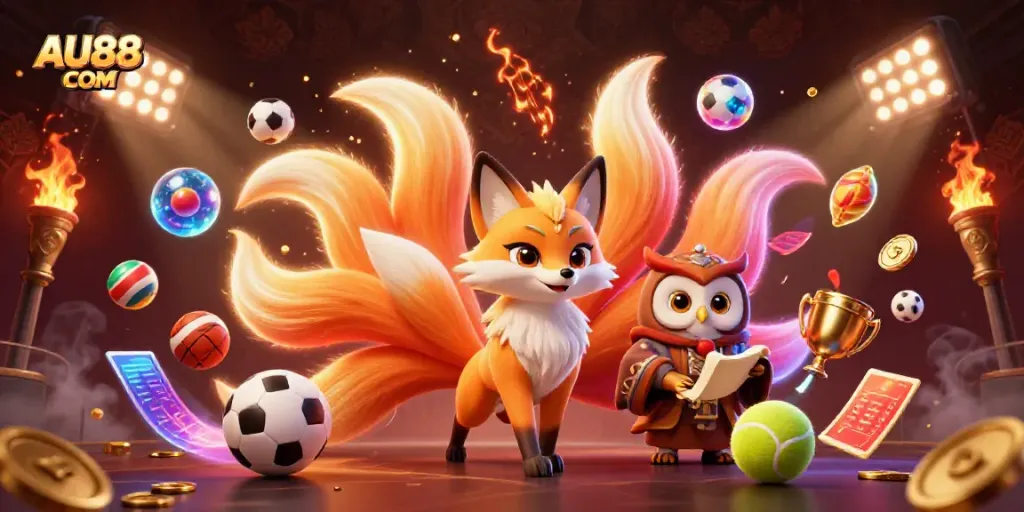 Engage with vibrant AU88 COM sports betting excitement featuring a mystical fox and owl.