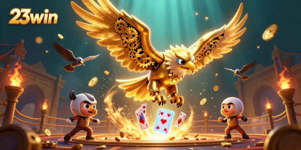Experience the thrill of 23win with a dynamic golden eagle diving through holographic cards in an immersive casino setting.
