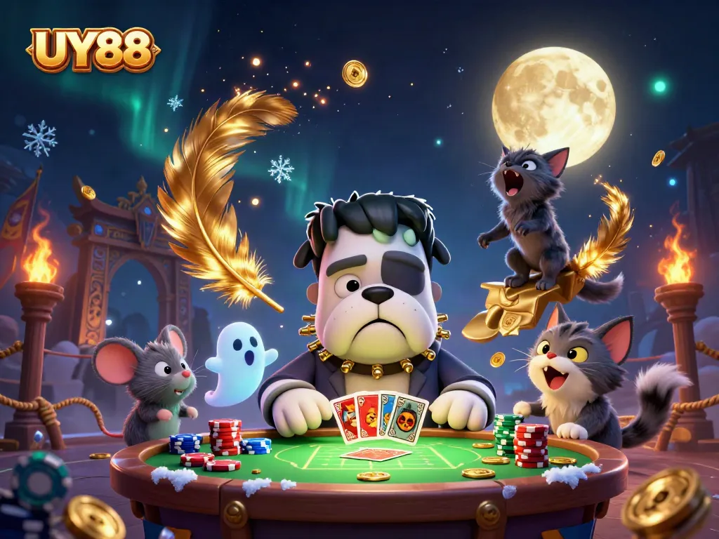 Experience the lively UY88 casino scene with vibrant characters in action, dealing cards and celebrating wins.