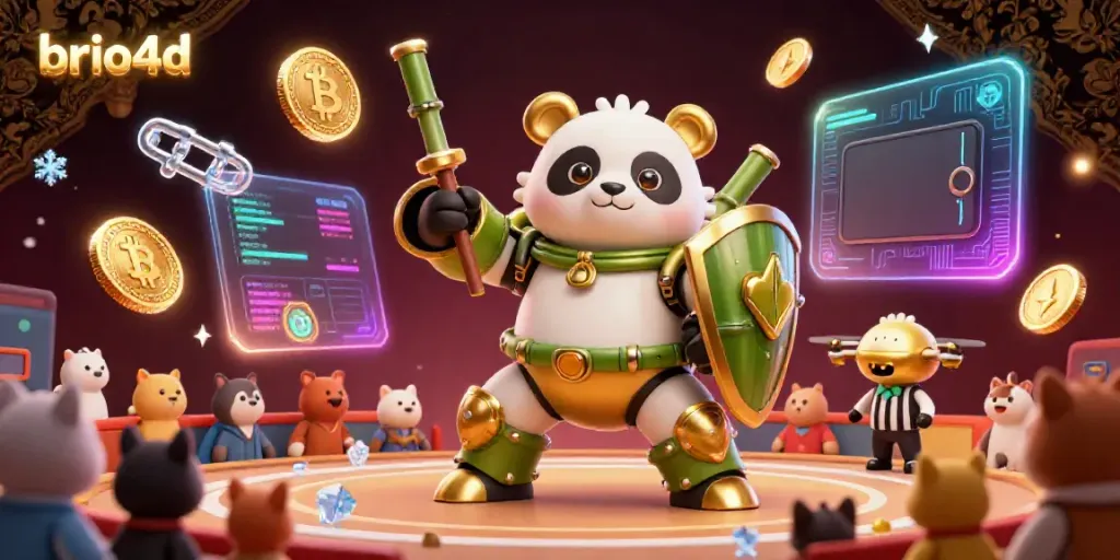 Experience the thrill of brio4d gaming with vibrant slot action, golden panda heroes, and crypto-themed elements in an animated scene.