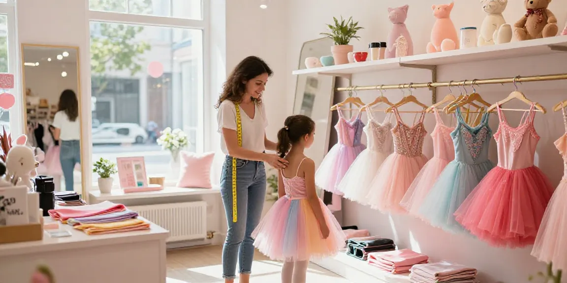 Colorful tutu store showcasing vibrant tutus, a sales associate helping a child try on a tutu.