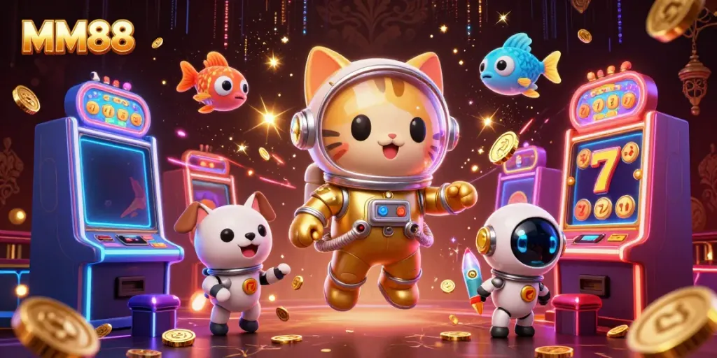 Experience the thrilling world of MM88 with a lively scene of a golden-suited astronaut cat and robot dog among casino-themed elements.