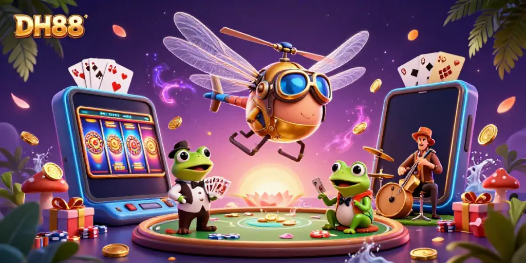 Experience the excitement of DH88 with a vibrant casino scene featuring playful characters and gaming elements.