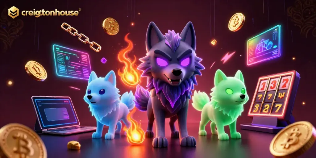 Engage with creightonhouse in a vibrant casino scene filled with slot reels and ghostly wolves.