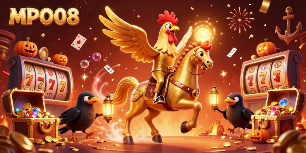 MPO08 slot gaming experience illustrated with a golden rooster and pumpkin-headed crows amidst lively casino elements.