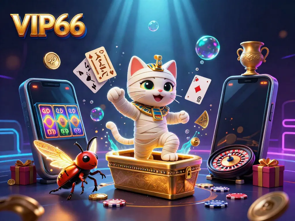 Experience the thrills of VIP66 as the 3D mummy cat emerges from its sarcophagus in a vibrant casino scene.