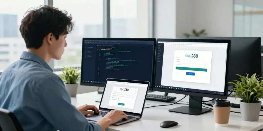 Proses masuk oyo288 login di lingkungan kantor modern dengan pengembang yang fokus.