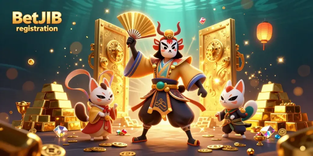Experience BetJDB registration with a vibrant 3D gaming scene featuring a kabuki warrior and treasures.