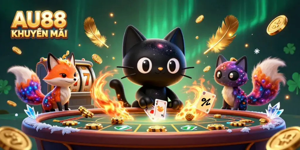 Join the excitement of AU88 KHUYẾN MÃI with a cosmic casino scene featuring a black hole cat and galaxy fox.