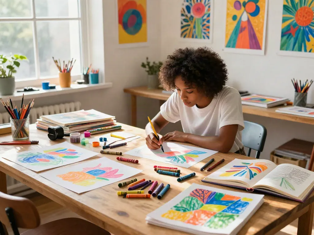 Creative workspace of a crayon manufacturer showcasing vibrant crayon types and colorful artwork.